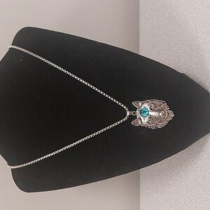 Silver Toned Wolf Head Blue Eye  Amulet Necklace